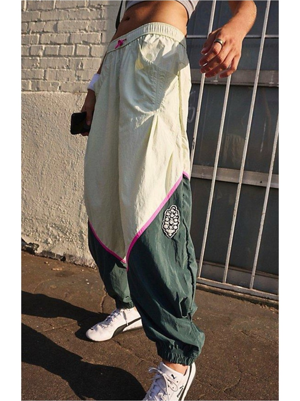 Two-Tone Green & Cream Track Pants with Pink Trim